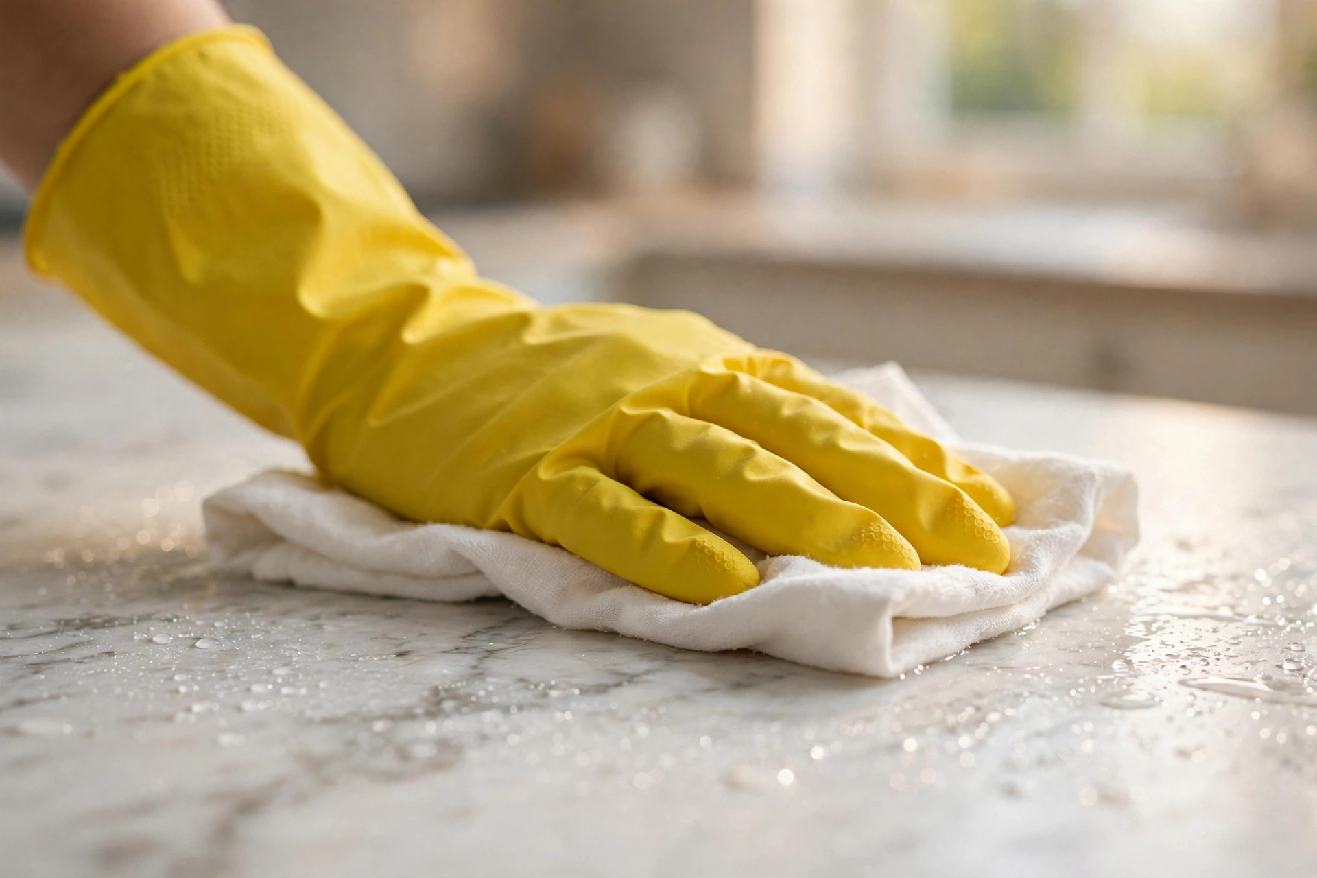 Close-up of a gloved hand detailing a marble countertop